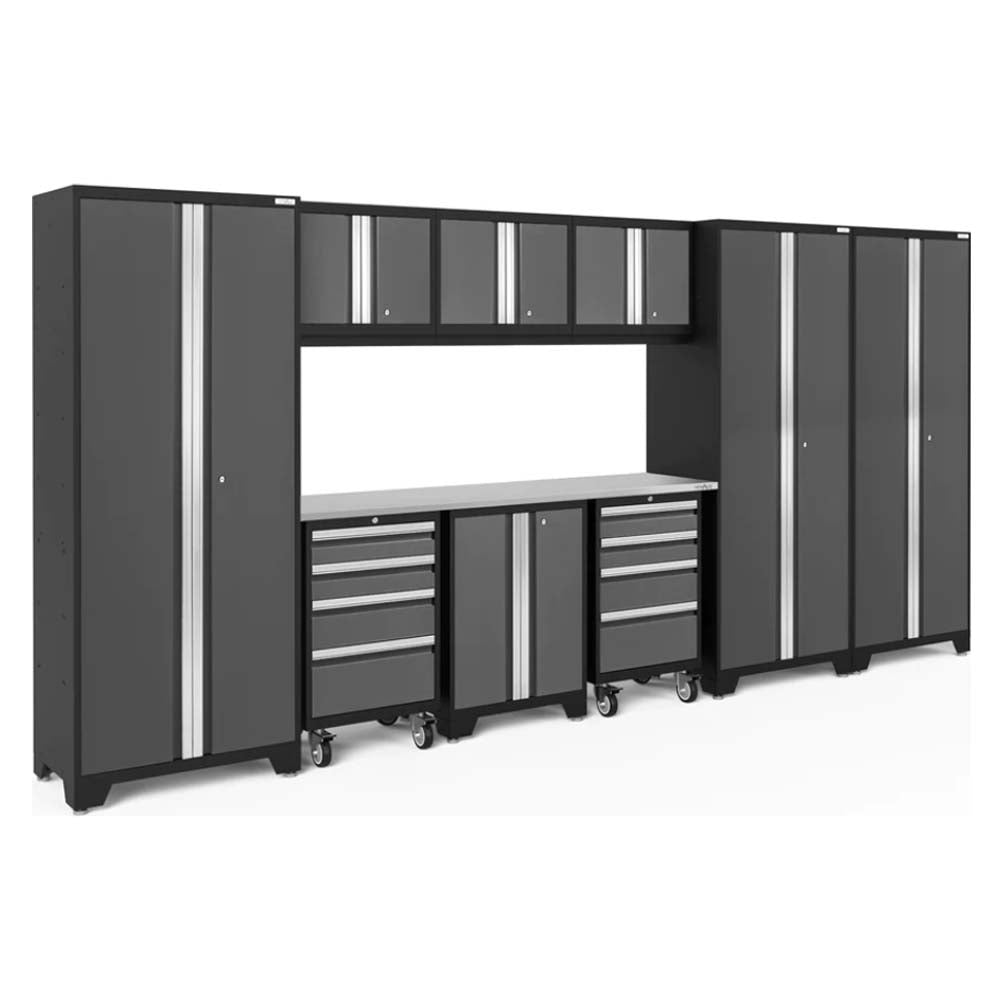 NewAge Bold Series 10 Piece Cabinet Set Featuring A Combination Of Tall Cabinets, Wall Mounted Cabinets, And Rolling Drawer Units