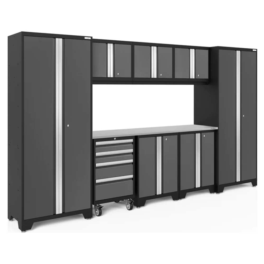 NewAge Bold Series 9 Piece Garage Cabinet Set With A Combination Of Tall Cabinets, Mobile Drawer Workbench, And Wall Mounted Cabinets