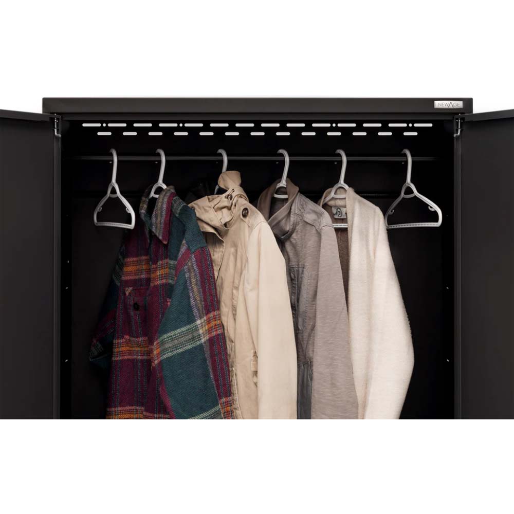 NewAge Bold Series 9 Piece Garage Cabinet Set With Five Hangers Holding A Variety Of Clothing Items