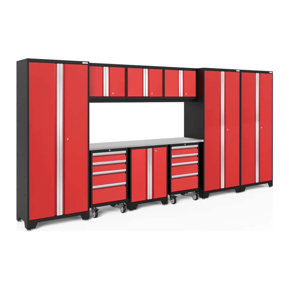 NewAge Bold Series Cabinet Set 10 Piece Featuring A Combination Of Tall Cabinets, Overhead Cabinets, And Rolling Drawer Units