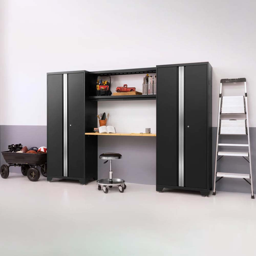 NewAge Bold Series Cabinet Set With 2X Multi Use Lockers Featuring Two Tall Black Storage Cabinets Flanking A Central Workbench With A Stool