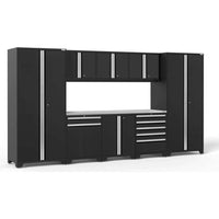 NewAge Bold Series Project Center And Locker Set With Tall Storage Cabinets, Upper Cabinets, And A Combination Of Drawers And Cabinets