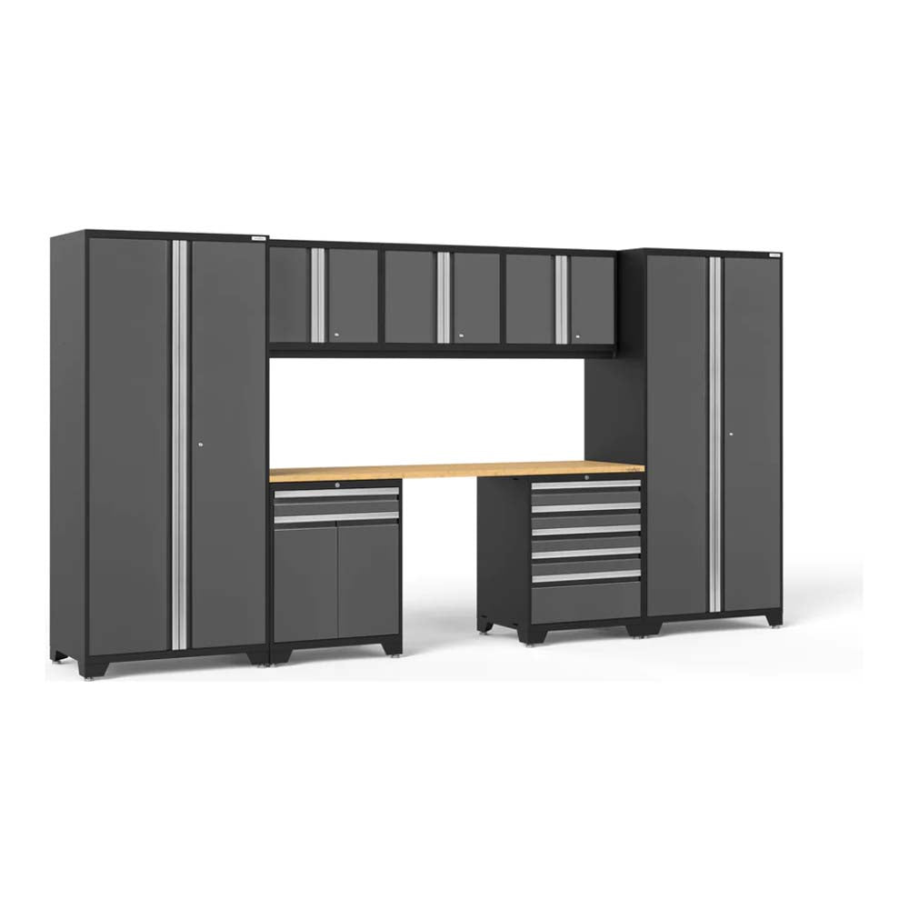 NewAge Cabinet Set Pro Series 8 Pieces With 84 In Worktop With A Wooden Workbench Surface In The Center