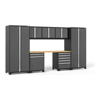 NewAge Cabinet Set Pro Series 8 Pieces With 84 In Worktop With A Wooden Workbench Surface In The Center
