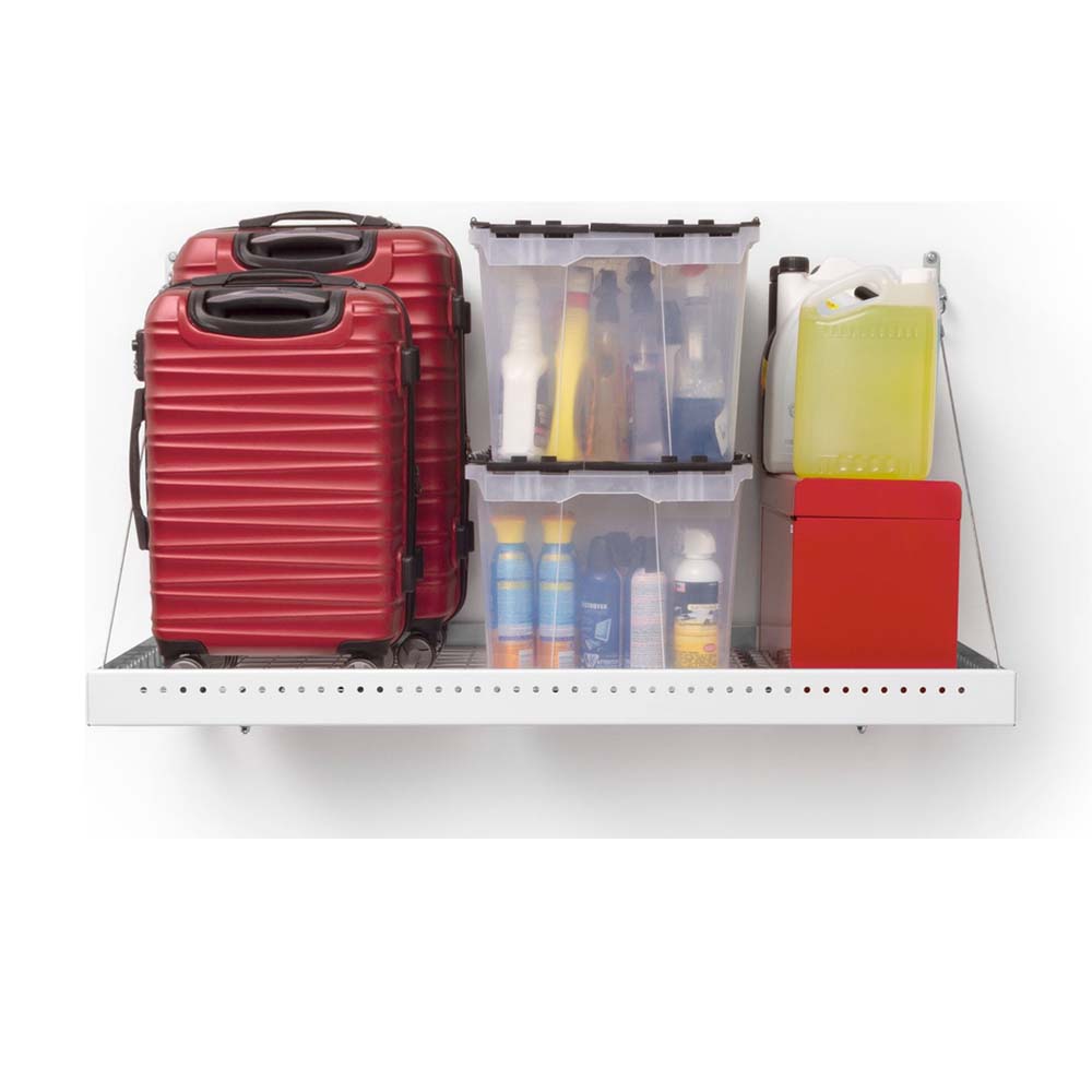 NewAge Ceiling Rack For Garage Holding Two Red Suitcases, Clear Storage Bins Filled With Various Bottles And Spray Cans, A Yellow Container, And A Red Box