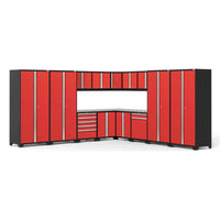 NewAge Garage Cabinet Corner Set Pro 3.0 16 Piece Featuring Multiple Red And Black Cabinets Drawers And A Stainless Steel Worktop