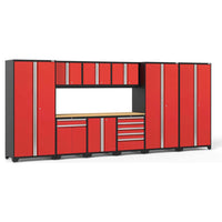 NewAge Garage Cabinet Set Pro 3.0 10 Piece With Multi Use Lockers Featuring Multiple Red Cabinets And A Wooden Workbench