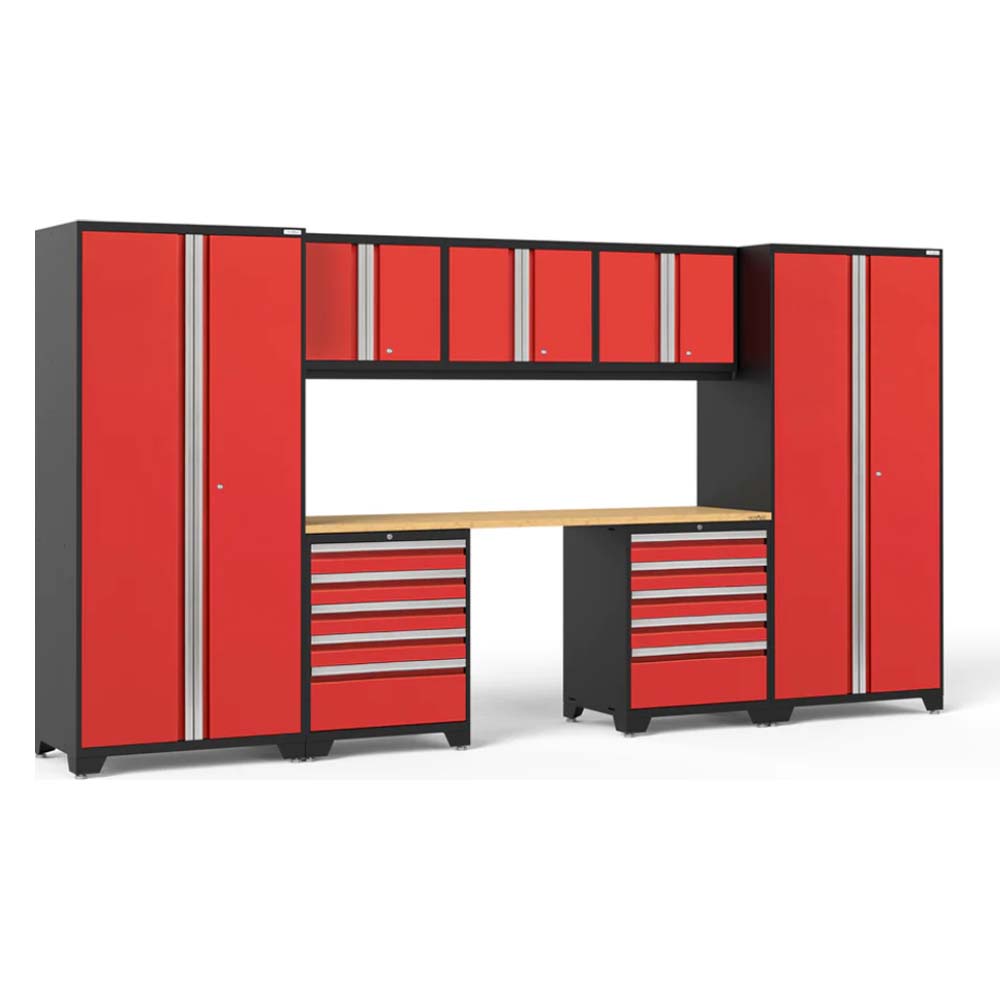 NewAge Garage Cabinet Set Pro 3.0 8 Piece With Tool Cabinets Featuring Tall Cabinets, Workbench, Smaller Cabinets, And Two Sets Of Drawers