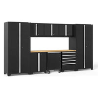 NewAge Garage Cabinet Set Pro 3.0 9 Piece With Utility Cart Featuring Multiple Black Cabinets And Drawers With Silver Handles