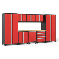 NewAge Garage Cabinet Set Pro 3.0 9 Piece With Utility Cart With Red Doors And Silver Handles