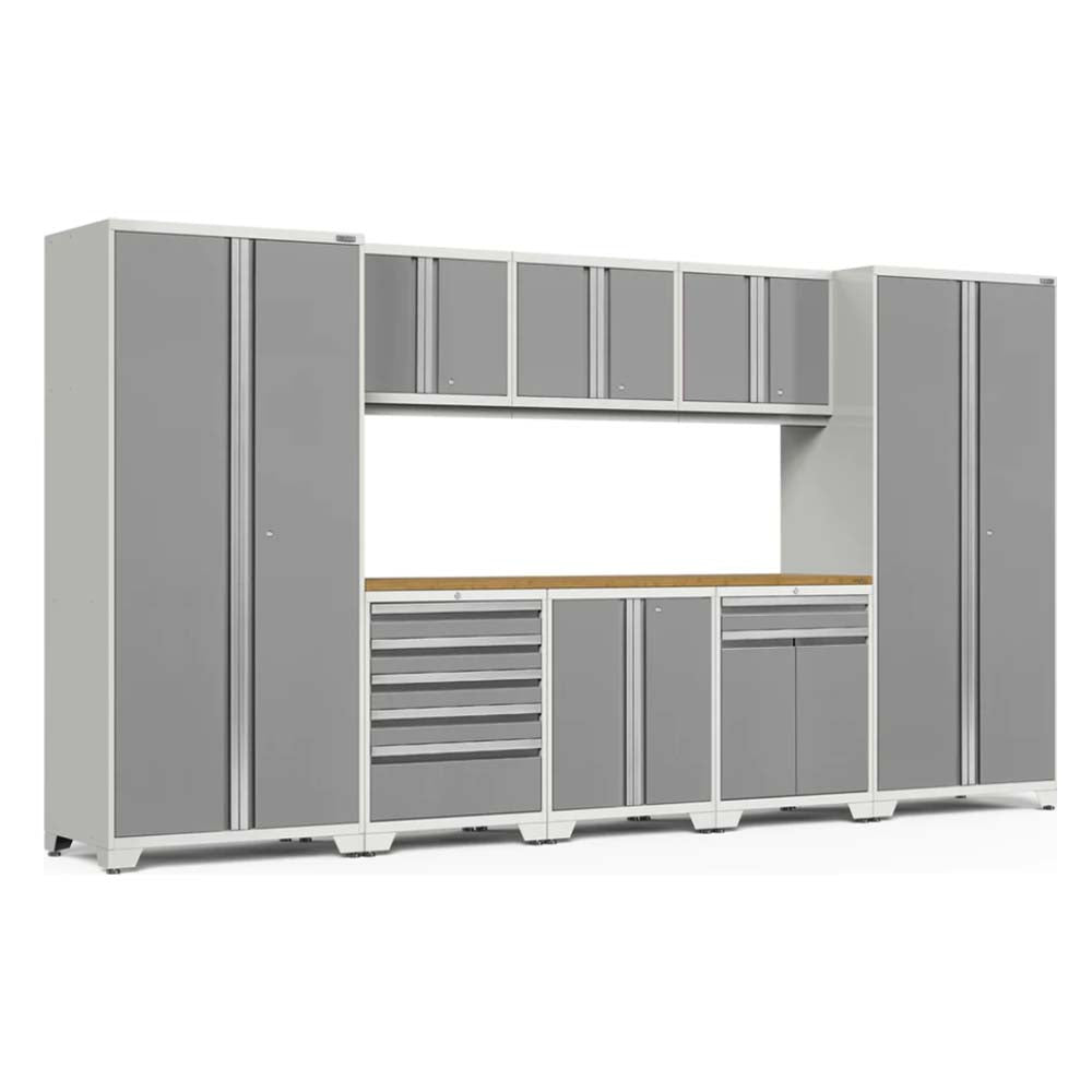 NewAge Multi Function Cabinet Pro 3.0 9 Piece Garage Set With A Combination Of Tall Cabinets, Upper Wall Mounted Cabinets, And Lower Cabinets
