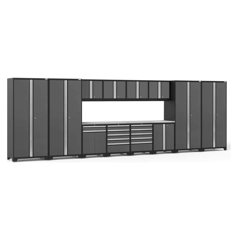 NewAge Pro 3.0 14 Piece Garage Cabinet Set With Multi Function Cabinet Consisting Of Multiple Tall Cabinets, Overhead Cabinets, And A Workbench