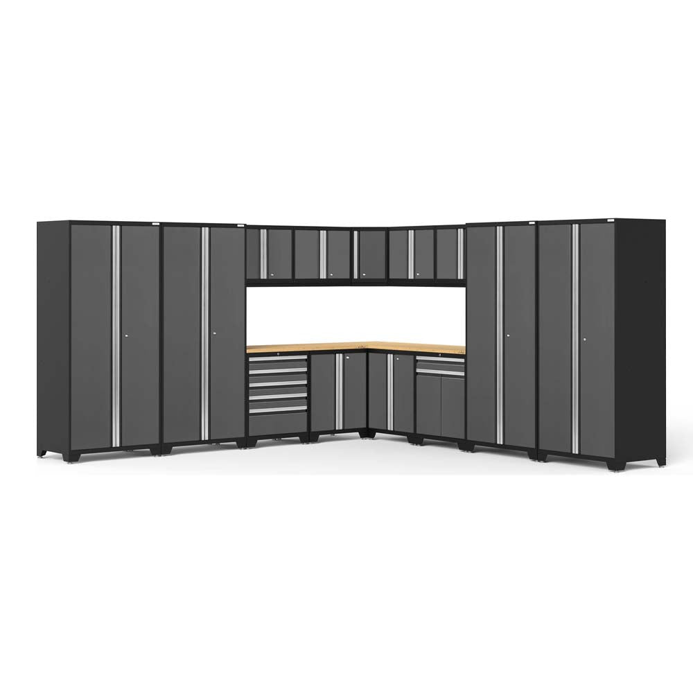NewAge Pro 3.0 16 Piece Garage Corner Set Featuring Tall Cabinets, Overhead Cabinets, A Workbench And Various Drawers
