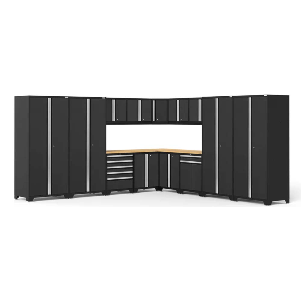 NewAge Pro 3.0 16 Piece Garage Corner Set With Black Cabinets And Silver Handles Featuring A Wood Countertop And A Variety Of Storage Options