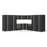 NewAge Pro 3.0 16 Piece Garage Corner Set With Black Cabinets And Silver Handles Featuring A Wood Countertop And A Variety Of Storage Options
