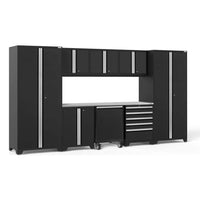 NewAge Pro 3.0 9 Piece Garage Cabinet Set With Utility Cart Featuring Multiple Cabinets, Drawers, And A Central Workspace