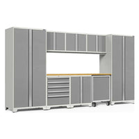 NewAge Pro 3.0 9 Piece Garage Cabinet Set With Utility Cart Featuring Tall Cabinets, Wall Mounted Cabinets, And A Workbench With A Wooden Top