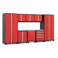 NewAge Pro 3.0 9 Piece Garage Set With Utility Cart Red Cabinets With Silver Handles, A Central Workbench, And Storage Compartments
