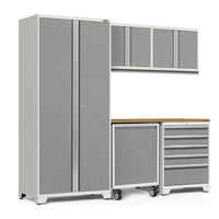 NewAge Pro 3.0 Garage Cabinet Set 6 Piece With Utility Cart With A Tall Double Door Cabinet, Overhead Cabinets, Rolling Cabinet, And Rolling Tool Chest