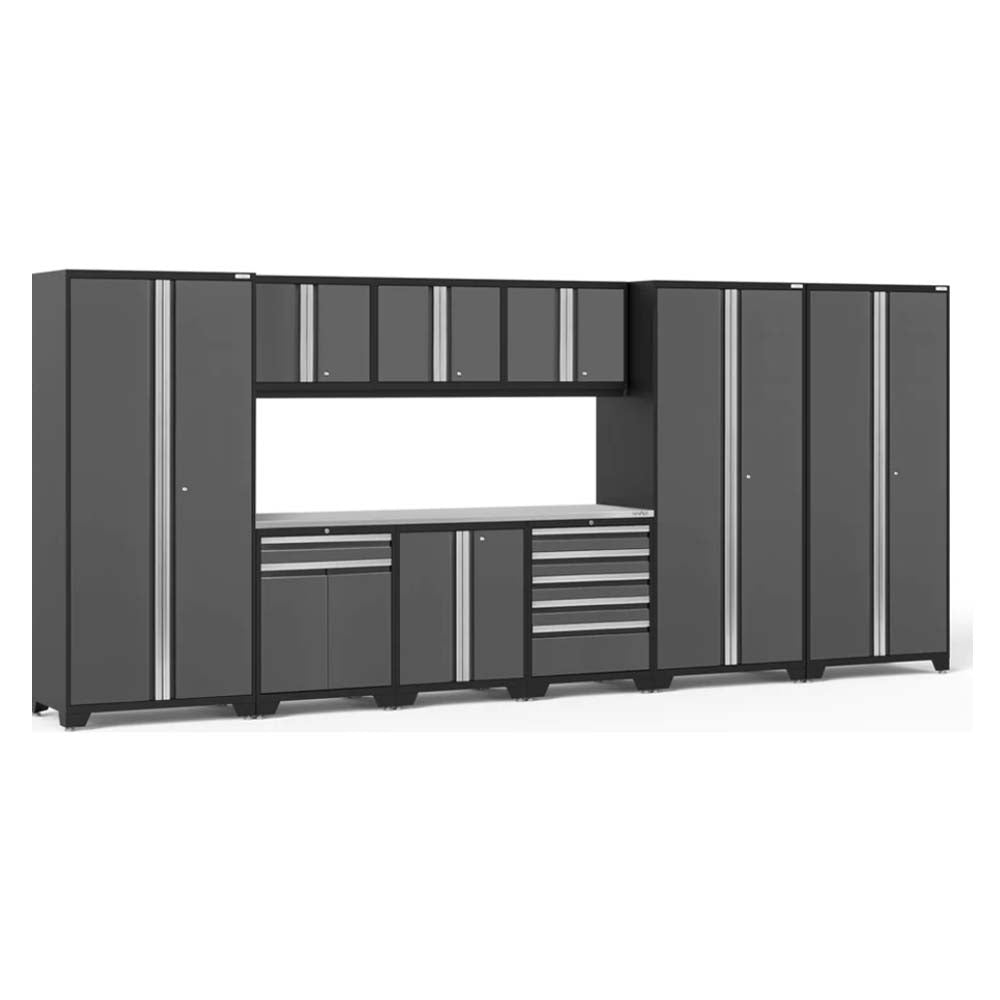 NewAge Pro 3.0 Garage Cabinet Set With Multi Use Lockers Featuring Multiple Gray And Stainless Steel Cabinets