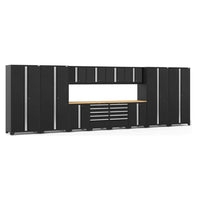 NewAge Pro 3.0 Series 14 Piece Cabinet Set For Garage Featuring Multiple Cabinets, Overhead Storage Units, And A Workbench