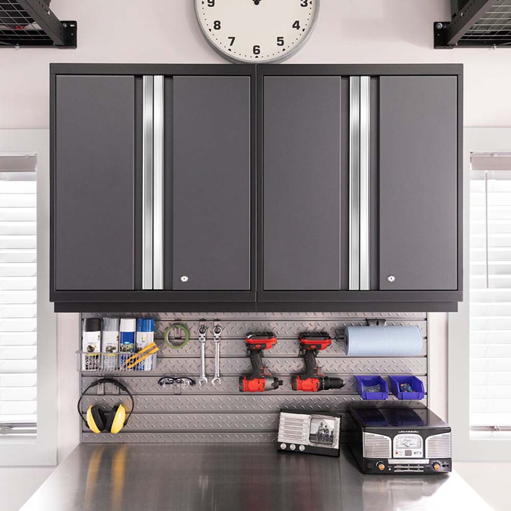 NewAge Pro 3.0 Series 16 Piece Tool Cabinet Corner Set Above A Metal Pegboard Displaying Various Tools And Equipment