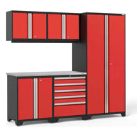 NewAge Pro 3.0 Series 6 Piece Garage Storage Cabinet Set Featuring A Combination Of Red And Black Cabinets And Drawers