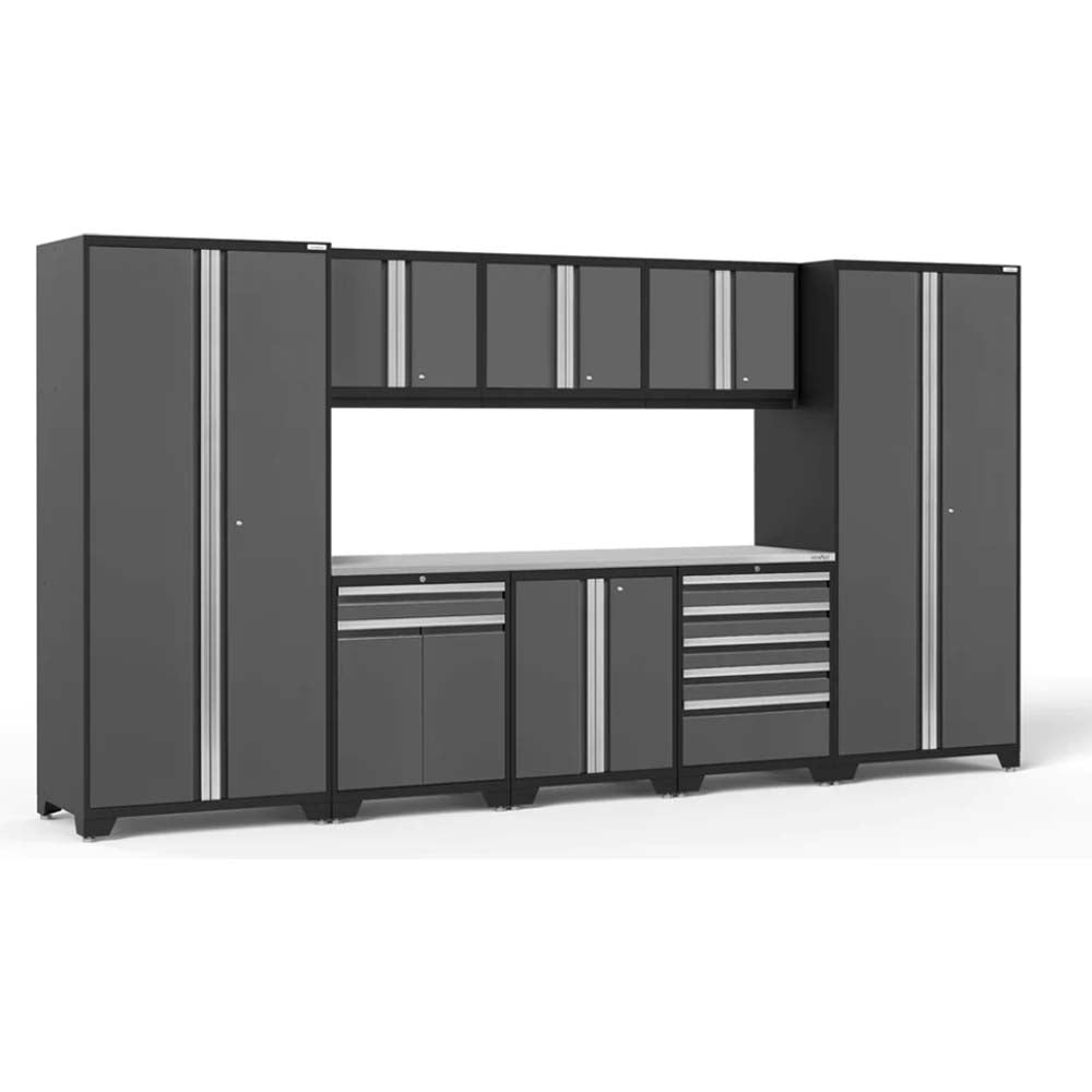 NewAge Pro 3.0 Series 9 Piece Garage Cabinet Multi Function Featuring Tall Cabinets, Smaller Overhead Cabinets, And A Central Workbench
