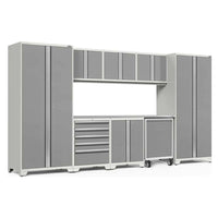 NewAge Pro 3.0 Series 9 Piece Garage Storage Set With Utility Cart Featuring A Combination Of Tall Cabinets, Upper Cabinets, And Drawer Units