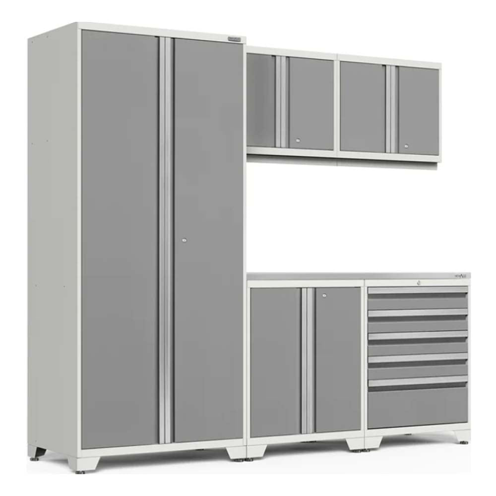NewAge Pro 3.0 Series Garage Cabinet Set 6 Piece Featuring A Tall Cabinet, Wall Mounted Cabinets, Base Cabinet, And A Drawer Unit