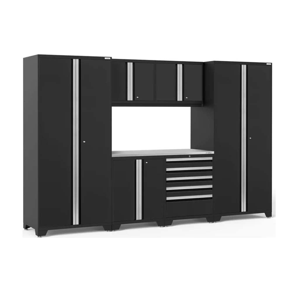 NewAge Pro 3.0 Series Garage Cabinet Set 7 Piece Featuring Tall Cabinets And A Central Workspace With Overhead And Below Counter Cabinets