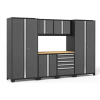 NewAge Pro 3.0 Series Garage Cabinet Set 7 Piece Featuring Tall Cabinets, Overhead Cabinets, Lower Cabinets, And A Central Workbench