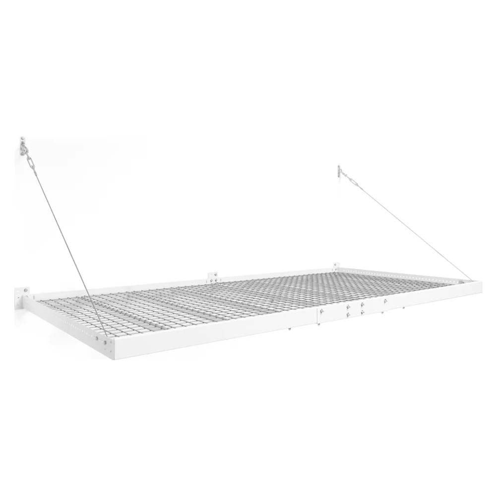 NewAge Pro Series 4 Ft X 8 Ft Steel Shelf With A Grid Like Surface Supported By Two Angled Metal Cables