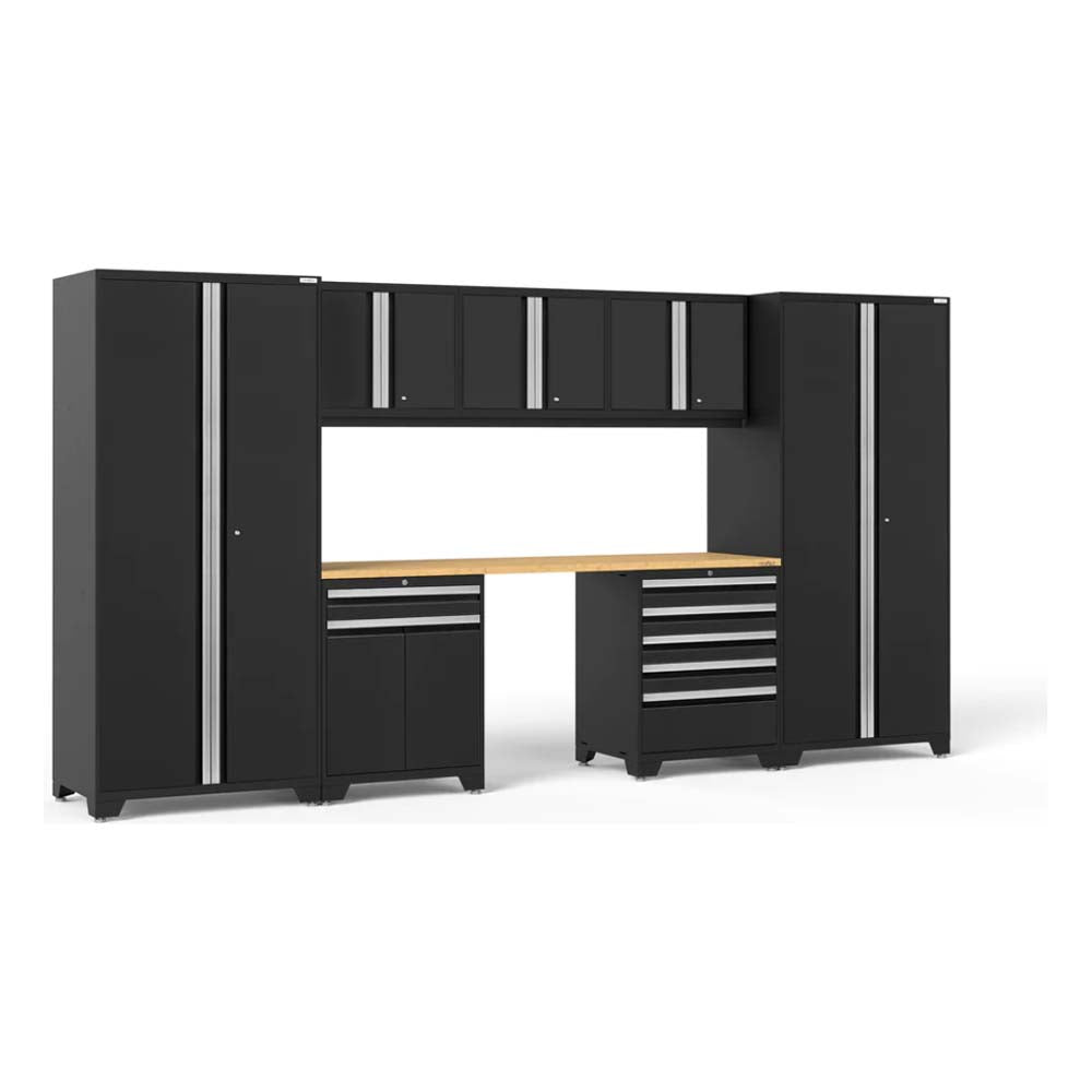 NewAge Pro Series 8 Piece Cabinet Multi Function And 84 In Worktop With A Wooden Work Surface In The Center