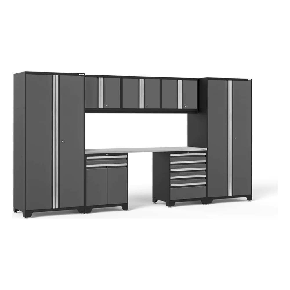 NewAge Pro Series 8 Piece Cabinet With Multi Function Cabinet And 84 In Worktop Featuring Multiple Dark Gray Cabinets