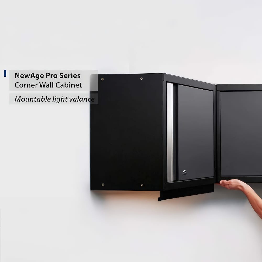 NewAge Pro Series Black Corner Wall Cabinet With Mountable Light Valance