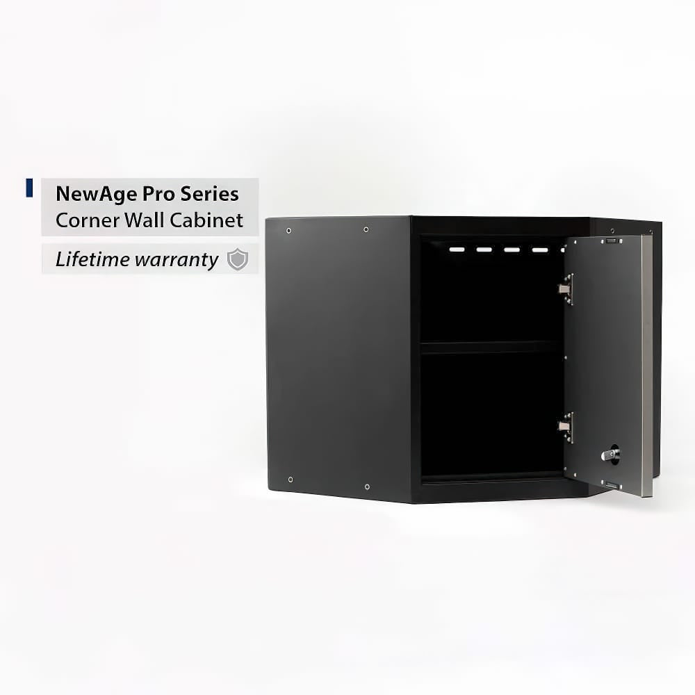 NewAge Pro Series Black Corner Wall Cabinet With Open Door And Lifetime Warranty Label