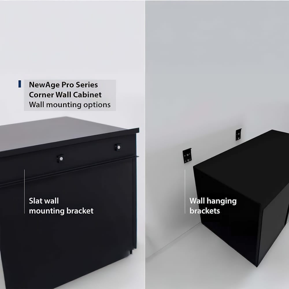 NewAge Pro Series Corner Wall Cabinet With Slat Wall And Wall Hanging Bracket Options