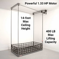 Motorized garage storage lift from ONRAX with retractable platform at floor level, ideal for overhead storage.