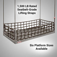 ONRAX Ascension garage storage lift with safety netting, showcasing the powerful motorized lift for ceiling storage.