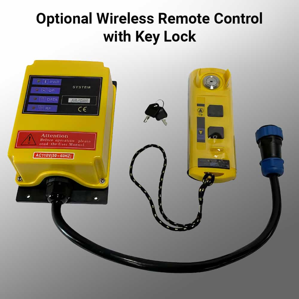 Handheld remote control for ONRAX motorized garage storage lift with key lock feature.