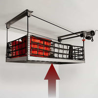 ONRAX retractable garage storage platform lifting cargo to the ceiling, equipped with motorized system.