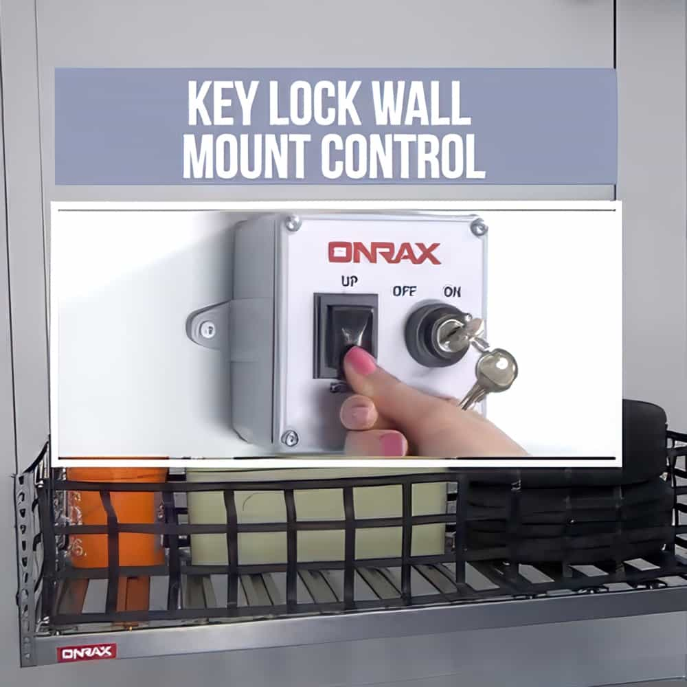 ONRAX key lock wired control panel for secure operation of motorized garage storage lift.