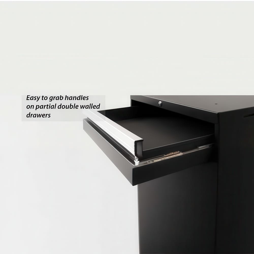 Open Black Cabinet Drawer With Silver Handle Highlighting Easy To Grab Design On Partial Double Walled Drawer Front