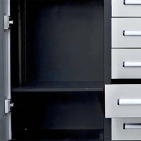 Open Black Cabinet Interior With An Adjustable Shelf Next To Light Gray Drawers With One Drawer Pulled Out