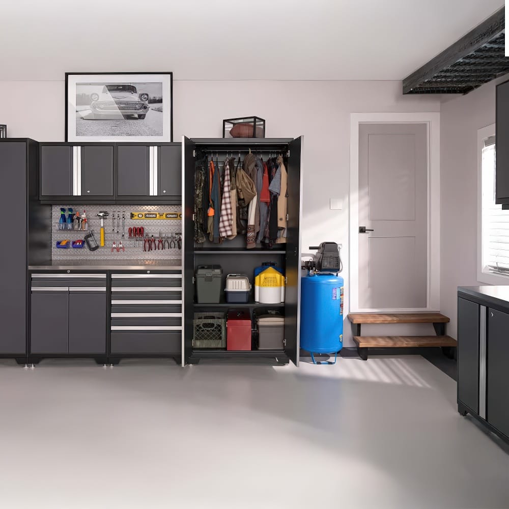 Open Black Cabinet Shows Hanging Jackets Tools Storage Bins And Supplies