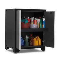 Open Black Cabinet With Two Silver Handles Displays Shelves Stocked With Assorted Cleaning Supplies And Gardening Containers