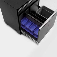 Open Black Drawer Of 6 Piece Garage Cabinet Set Pro 3.0 Series Featuring Multiple Small Blue Storage Bins