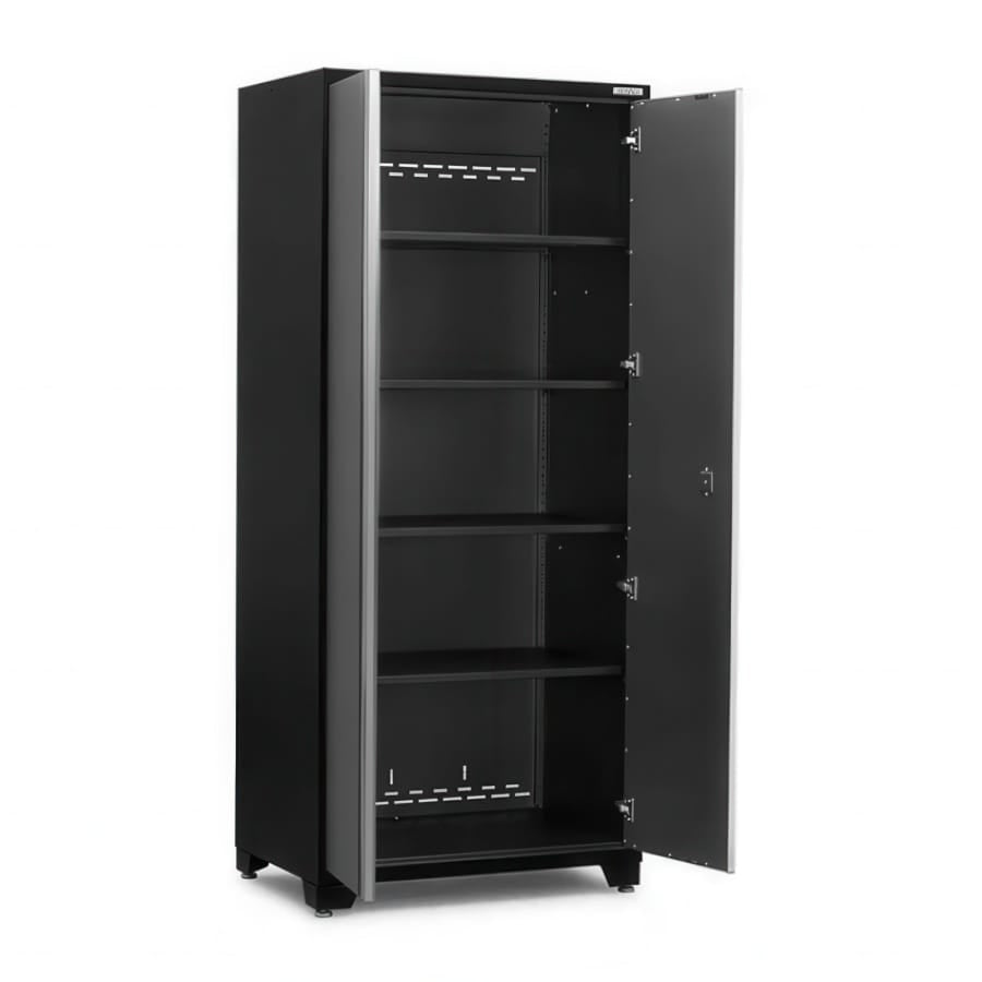 Open Black Garage Cabinet With Four Adjustable Shelves And A Partially Open Door
