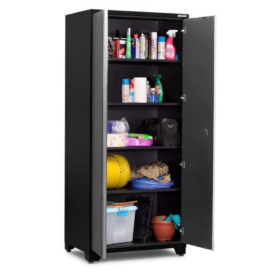 Open Black Garage Cabinet With Shelves Stocked With Cleaners Hard Hat Totes And Plant Pots